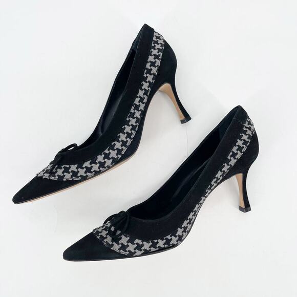 Manolo Blahnik Black Suede Gray Houndstooth Bow Pointed Toe Pumps Heels IT 36 - Picture 4 of 10